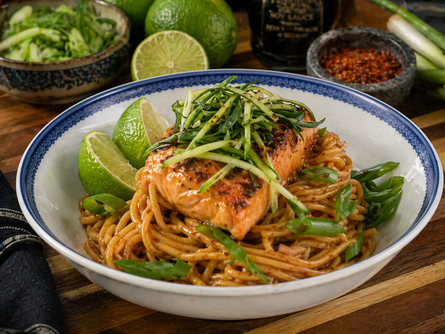 Chili Garlic Noodles with Miso Glazed Salmon