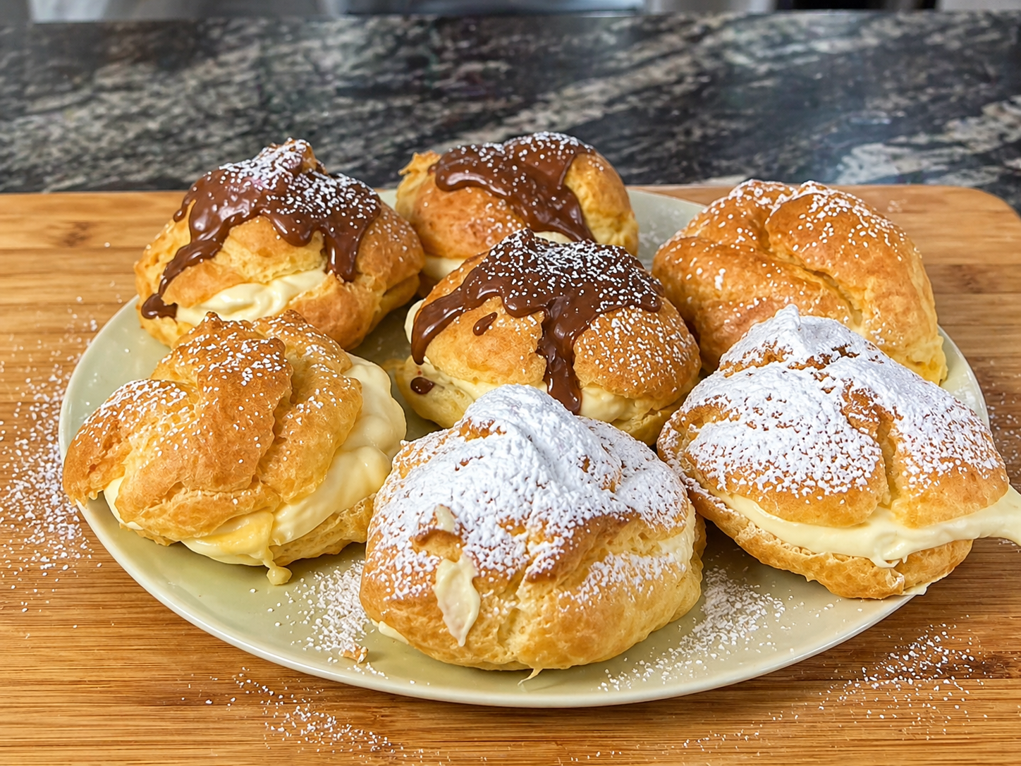 Power Puffs (Cream Puffs with Vanilla Cream & Chocolate Glaze)