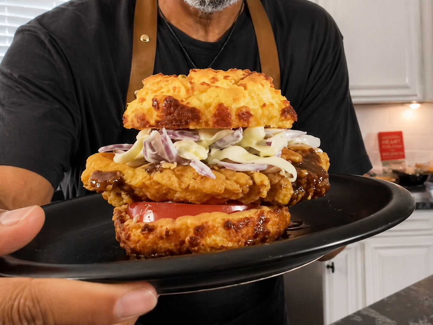 Fried Chicken Biscuit Sandwich with Jerk Hot Sauce