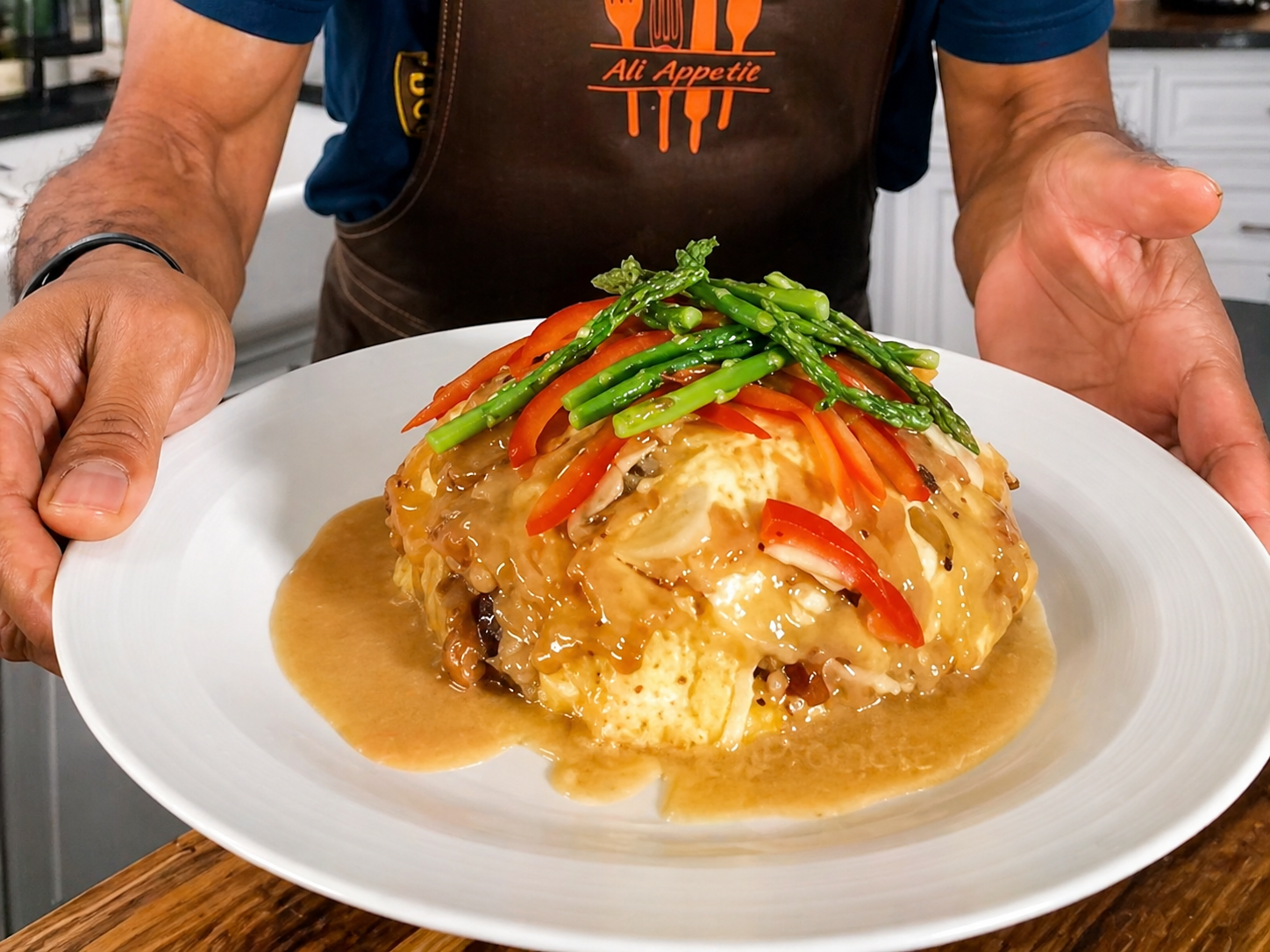 Shrimp Egg Foo Young with Oyster Mushrooms, House Gravy & Pepper-Asparagus Finish