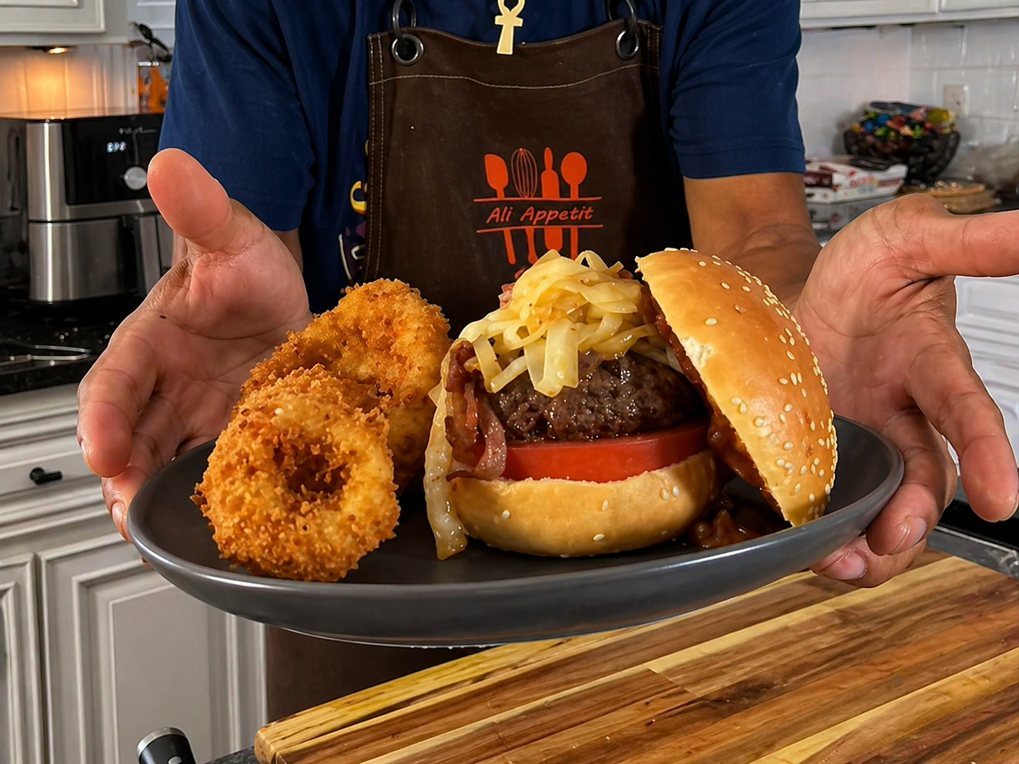 Duck-Fat Bacon Blue Cheese Burger with Crispy Buttermilk Onion Rings