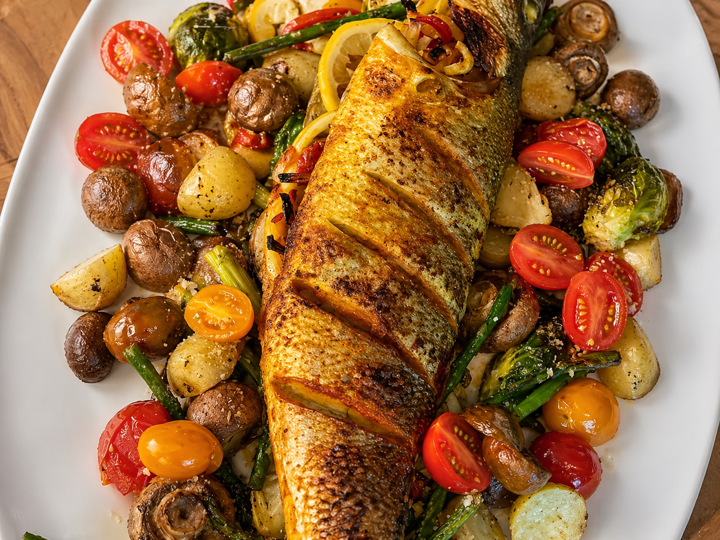 Baked Bronzino with Golden Spice & Roasted Vegetables
