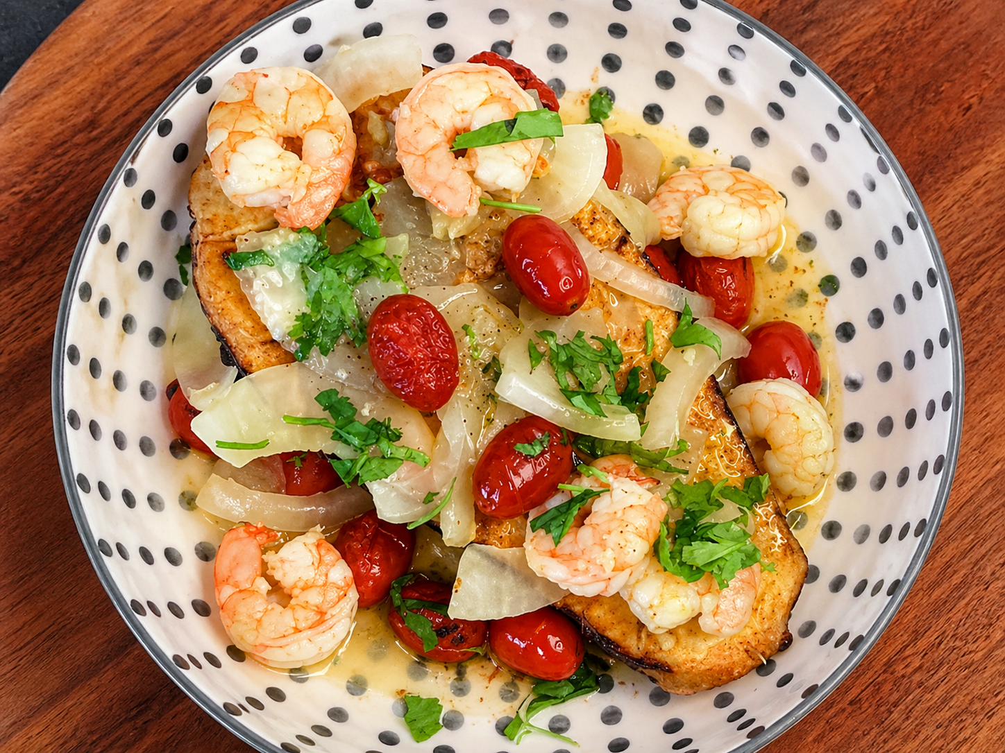 Roasted Eggplant with Spicy Lemon Onion Sauce & Shrimp