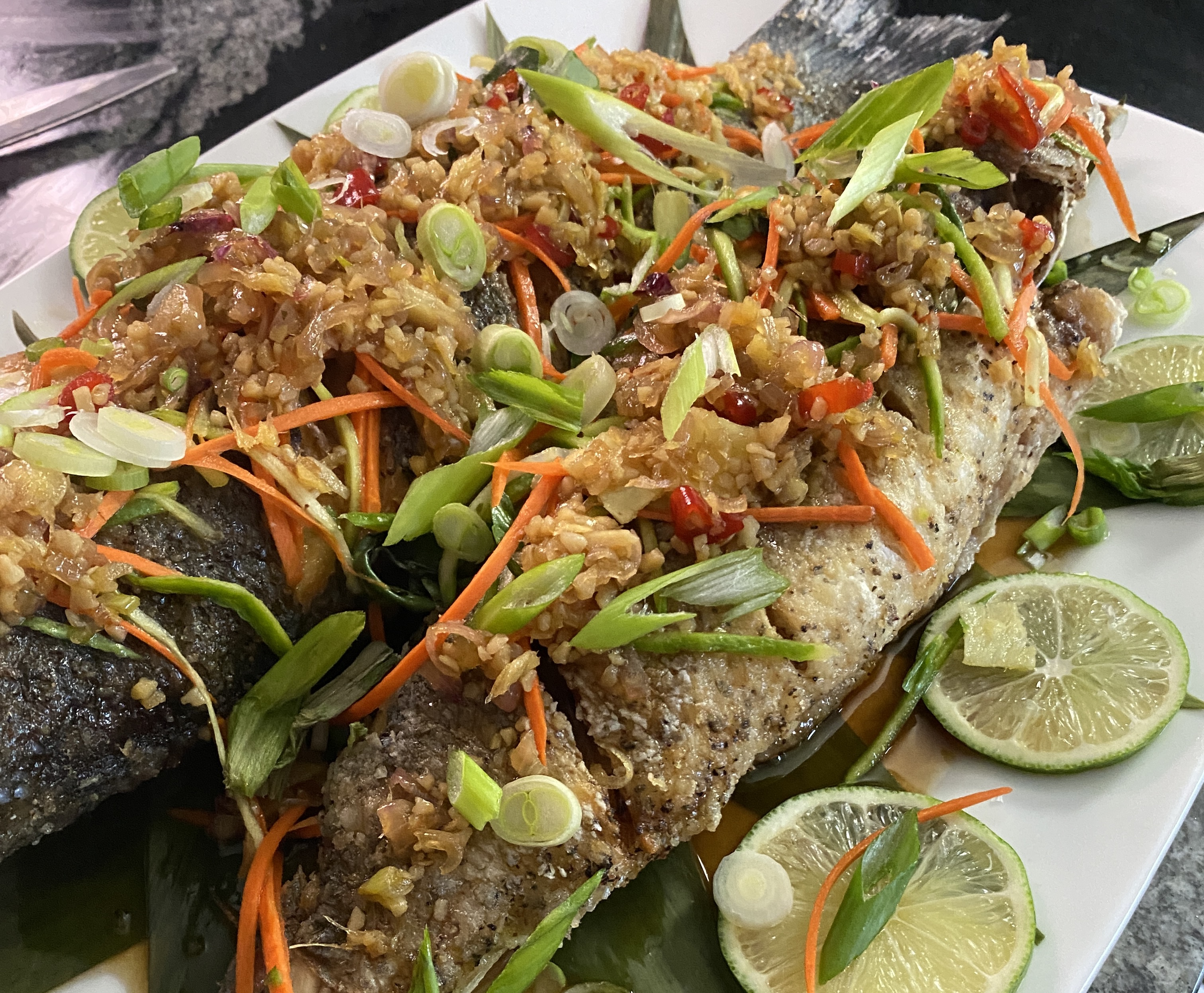 Thai Tamarind Fried Branzino with Spicy Herb Salad