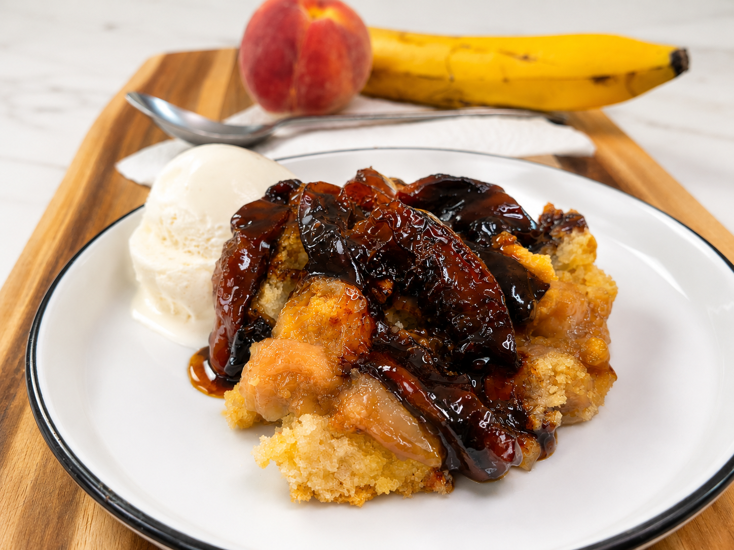 Bourbon Banana Cobbler with Caramelized Peaches
