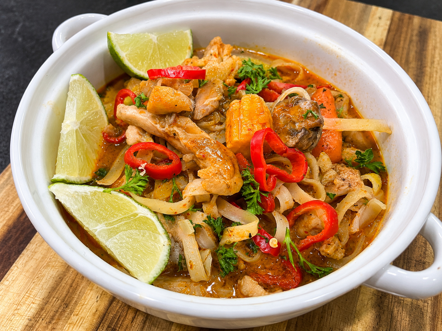 Thai Red Curry Chicken & Shrimp over Rice Noodles